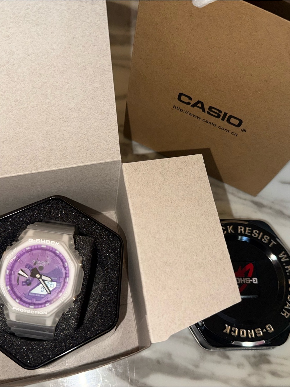 Casio Men's White Resin G-Shock Watch with Purple Dial